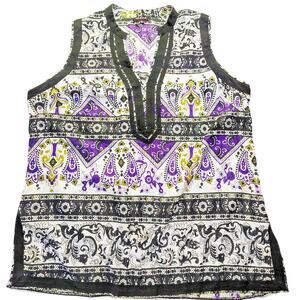 Unique Women Shirt Plus 3X Silver Black Purple Side Zip Paisley V-neck